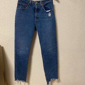 Women Levis Premium 501 Cropped Straight Button Fly Jeans Raw Hem Blue 27x28